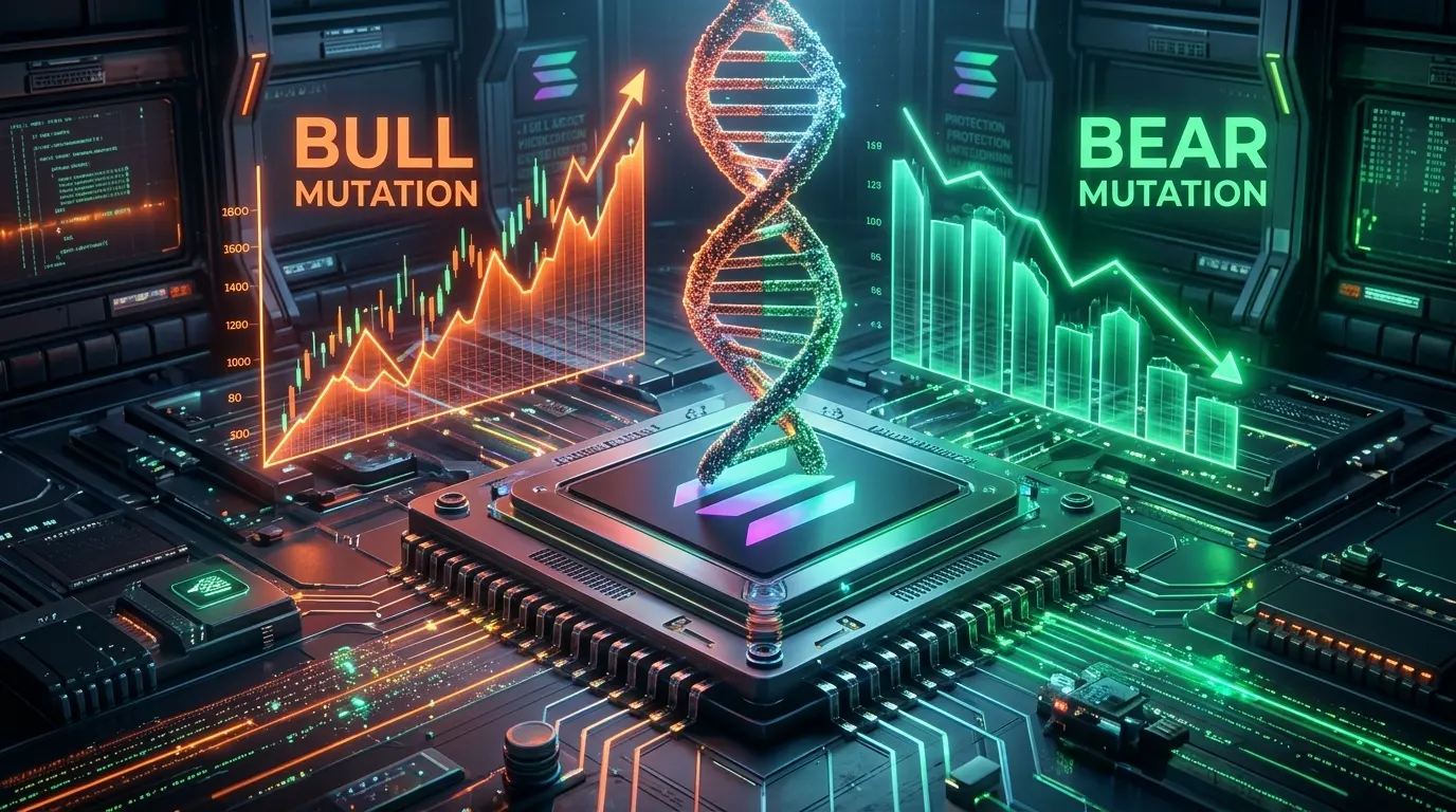 Bull Mutation and Bear Mutation charts flanking a glowing DNA helix on a Solana chip